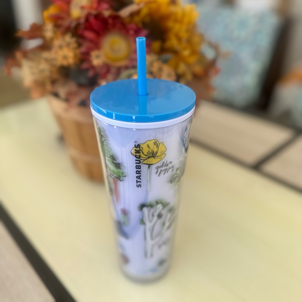 Starbucks Blue-Lid Floral Poppy Stainless Tumbler with Straw